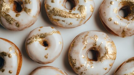 A modern top-down shot of donuts glazed with white icing and gold dust, artistic holiday minimalism