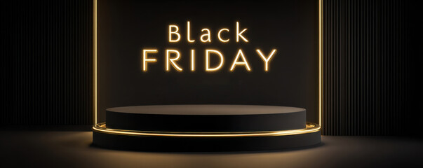Illuminated Black Friday sign with a dark, elegant backdrop and a glowing platform.