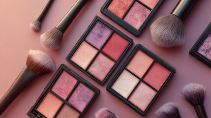 Chic cosmetic collection featuring blush palettes and makeup brushes, showcasing vibrant colors and textures that enhance beauty and creativity