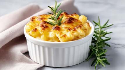 Creamy baked macaroni and cheese in a white ramekin garnished with fresh rosemary, served on a marble countertop with a soft linen napkin beside it, showcasing delicious comfort food
