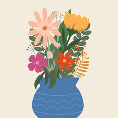 Colorful flowers and green leaves in blue vase, simple bright vector illustration for decor, cards, posters and spring design projects