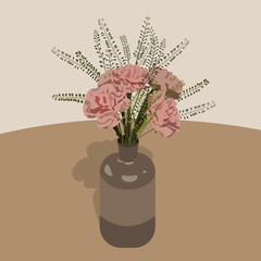 Pink flowers and green branches in brown vase standing on table, simple flat decorative vector illustration