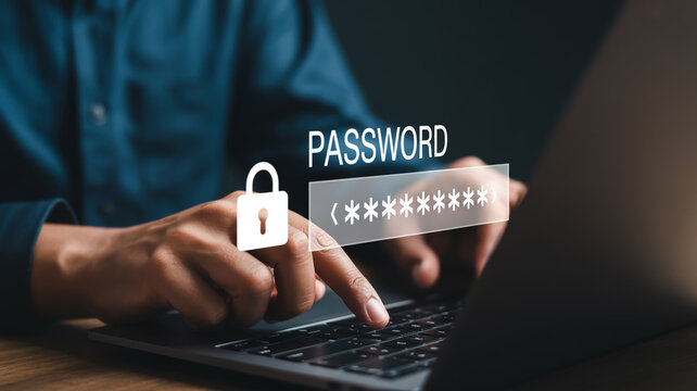 User entering password on laptop, digital padlock security access.