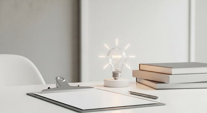 Creative workspace concept featuring a luminous idea lightbulb, study books, and a planner for strategic development