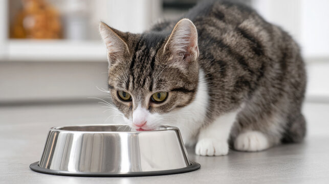 Domestic tabby cat with distinctive markings is curiously approaching a shiny metal food bowl on a clean kitchen floor, showcasing playful behavior and feline curiosity - Powered by Adobe