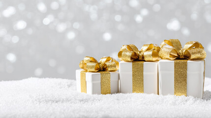 Three elegantly wrapped gift boxes with golden ribbons are placed on a snowy surface, creating a festive atmosphere with sparkling bokeh lights in the background