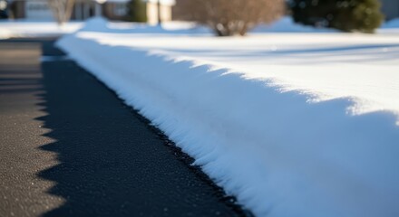 Snowbank beside driveway with clear edges on winter day  