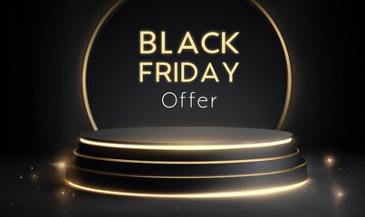 Illuminated Black Friday sign with a dark, elegant backdrop and a glowing platform.