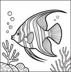 Obraz premium Cute angelfish ocean animal underwater scene black line art vector illustration for kids coloring pages 