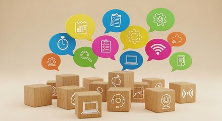 Conceptual 3D illustration of business and communication icons on wooden blocks and speech bubbles, symbolizing digital productivity and workflow solutions