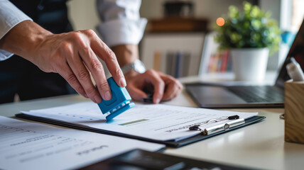 Fototapeta premium Businessman stamping official document on desk with office items