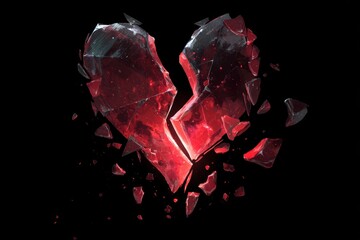 Broken heart illustration on a black background with crimson glass shards for anti-valentine mood