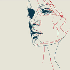 Minimalist hand drawn vector portrait of a woman’s face in abstract line art style with red and black strokes, symbolizing beauty, emotion, and creativity