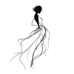 Graceful hand drawn vector illustration of an elegant woman in a long flowing dress, created in minimalist line art style, perfect for fashion, beauty, and design projects