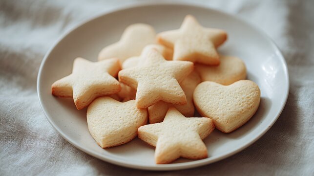 A plate of butter cookies shaped as stars and hearts, minimal backdrop, clean warm light - Powered by Adobe