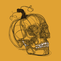 Detailed hand drawn vector illustration of a pumpkin merged with a human skull, created in abstract line art style, perfect for Halloween, tattoo, or artistic design projects