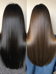 Hair transformation: Before and after straightening treatment showcasing smooth, sleek hair versus dry, unruly texture for comparison.