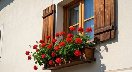 Naklejka premium Exterior view of a sunlit window with red flowers in a wooden box and wooden shutters