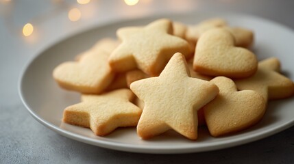 A plate of butter cookies shaped as stars and hearts, minimal backdrop, clean warm light