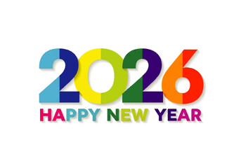Colorful 2026 Happy New Year graphic with vibrant, overlapping hues and a playful, modern design on a white background.