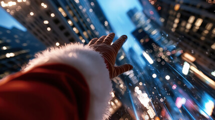 The image of Santa Claus extending his hand through rain-splattered glass highlights themes of connection, emotion, and the festive allure present during the holidays.