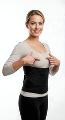 A confident British woman, post-breast augmentation, in a black compression corset over a long-sleeve top and leggings, points to her chest. A professional studio image for patient education.
