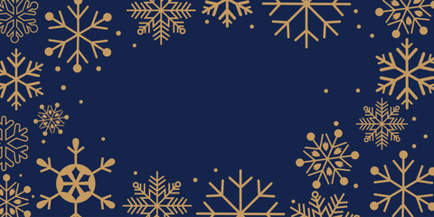 Dark, elegant winter/Christmas background featuring a frame or border of stylized gold/bronze snowflakes and scattered dots on a deep navy blue background. The central dark area offers ample space for