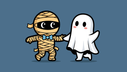 Cute Halloween mummy and friendly ghost cartoon illustration holding hands, perfect for spooky season designs.