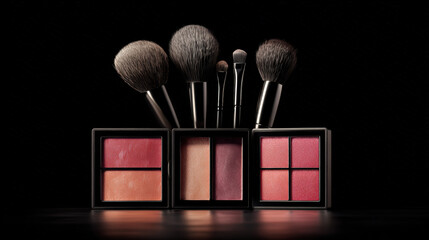 Chic cosmetic collection featuring blush palettes and makeup brushes, showcasing vibrant colors and textures that enhance beauty and create stunning looks