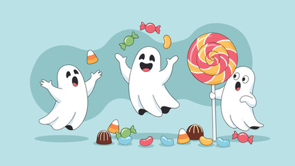 Happy cartoon ghosts with Halloween candy and treats. Cute vector illustration of spooky characters enjoying sweets.