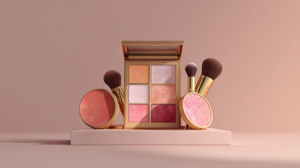 Realistic cosmetic collection featuring blush palette, highlighting various shades of pink and peach, alongside makeup brushes. elegant presentation evokes sense of beauty and sophistication