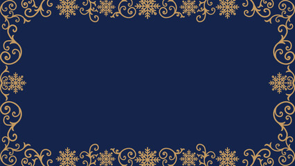 Elegant horizontal Christmas or winter background featuring a decorative, continuous gold/bronze border of ornate scrollwork, swirling vines, and intricate snowflakes on a rich navy blue background. I © bibin