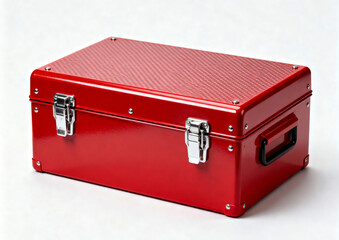 Red metal box for tools with silver latch. The box is sitting on