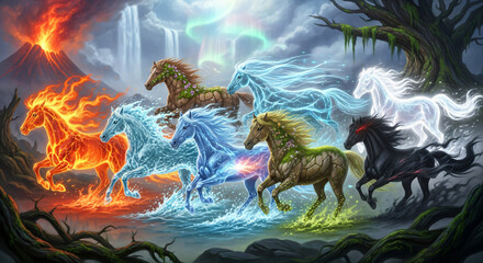 Mythical horses embodying earth elements in fantasy landscape