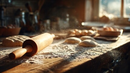 A rustic kitchen counter scene with rolling pin, dough cutouts, and flour dust, warm sunlight streaming in