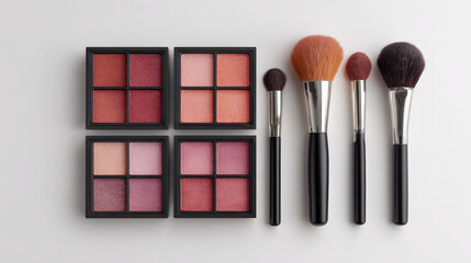 Chic cosmetic collection featuring blush palettes and makeup brushes arranged neatly on light background, showcasing vibrant colors and textures for beauty enthusiasts