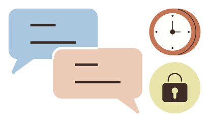 Two speech bubbles, clock icon, and padlock symbolizing communication, time tracking, and security. Ideal for chat platforms, data privacy, productivity tools, timekeeping collaboration secure