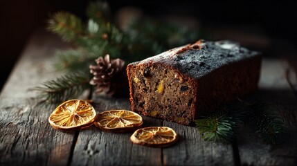 A rustic wooden table with a single slice of fruitcake beside dried orange slices and pine sprigs, cinematic lighting, editorial detail