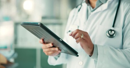 Scroll, hospital and hands of doctor on tablet for online consulting, medical research and website. Healthcare, clinic and person on digital tech for internet, telehealth and diagnosis on health app - Powered by Adobe