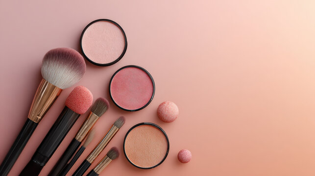 Cosmetic collection featuring blush palettes, makeup brushes, and beauty products arranged aesthetically on soft gradient background, creating serene and inviting atmosphere