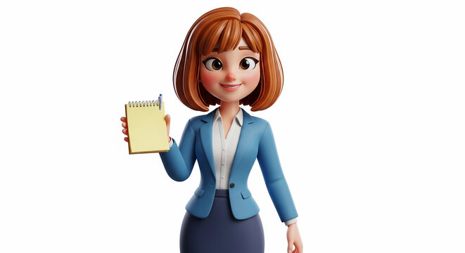 Cartoon woman holding a blank notepad isolated on white background - Powered by Adobe