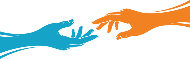 Two stylized hands reaching towards each other blue and orange connection help
