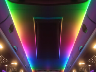 Prismatic symmetrical light patterns and a spectrum of colors create a futuristic, shimmering tunnel. Intense rainbow light creates the illusion of infinite space and energy.