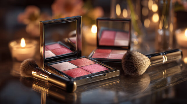Realistic cosmetic collection featuring blush palette, makeup brushes, and soft candlelight creates warm and inviting atmosphere. Perfect for beauty enthusiasts