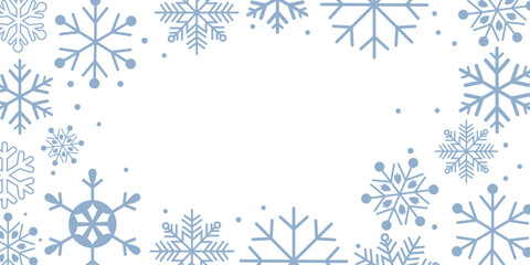 Fototapeta premium Horizontal winter background template featuring a clean white center framed by various sizes and designs of blue snowflakes and scattered dots. The minimalist, frosty design is perfect for holiday gre