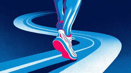 illustration from a high angle, looking down on a runner&#x27;s rhythmic feet as they pound a stylized road, which is represented by a twisting, glowing path. The image captures the continuous activity 