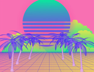 Retrofuturistic landscape with palm trees and a perspective neon laser grid. Bold Y2K-style illustration reminiscent of retro music videos and VHS vibes. 