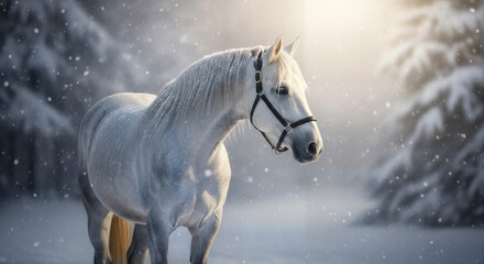 Majestic white horse standing in snowy forest with trees