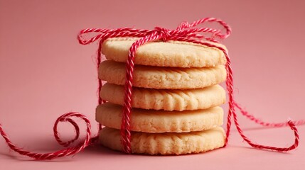 A stack of buttery shortbread cookies tied with red twine, isolated on pastel backdrop, soft commercial lighting
