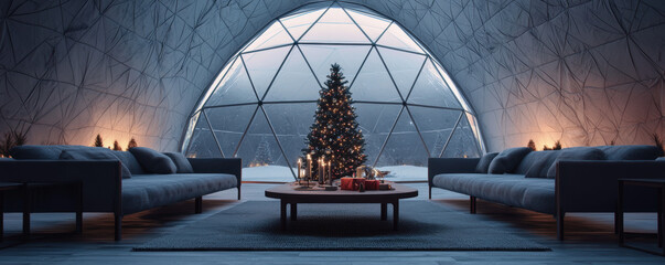 Christmas tree stands in modern dome living room with cozy sofas warm lighting and snowy mountain view creating festive atmosphere